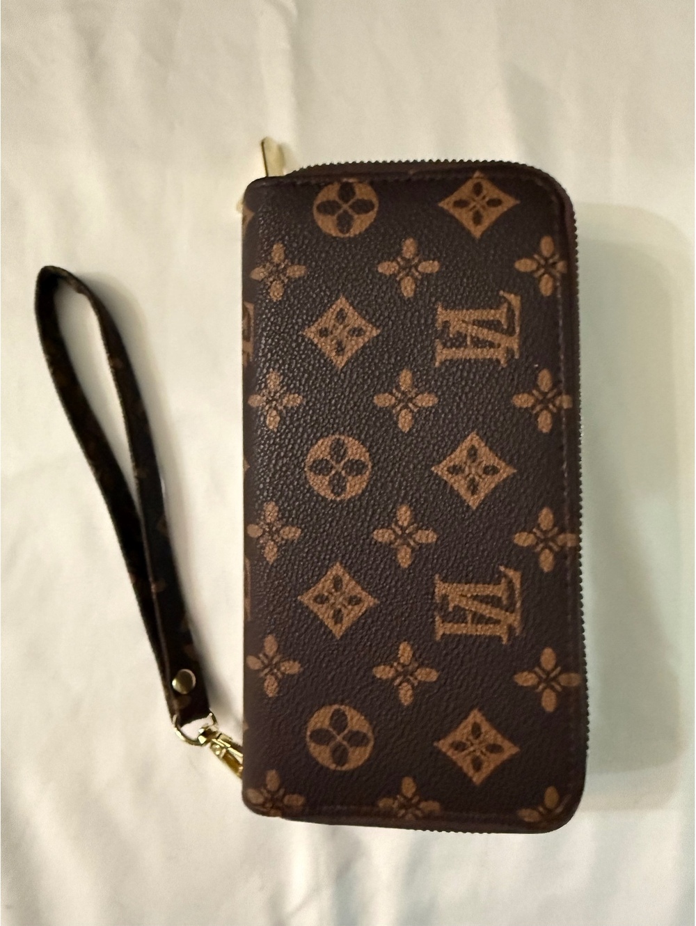 Brown Monogram Print Zip Around Wristlet Wallet Card Organizer
